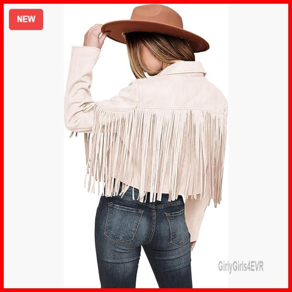 Faux Suede Cropped Motorcycle Jacket with Fringe Tassel Design